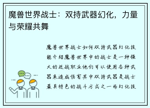 魔兽世界战士：双持武器幻化，力量与荣耀共舞
